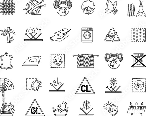 Icons Material Characteristics. Vector Illustrations Textile, Leather, Yarn, Cotton, Silk, Wool, Cashmere, Synthetic Knitted, Bamboo, Waterproof, Breathable, Eco-Friendly, For Kids, and More