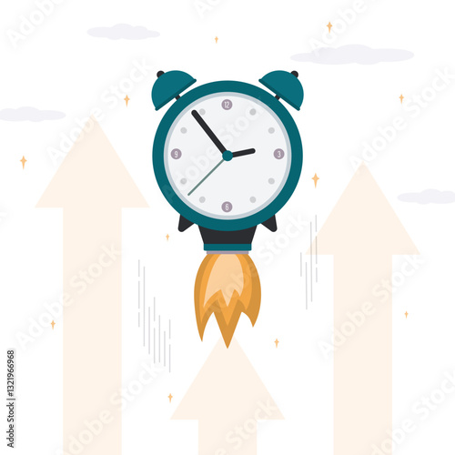 Blue alarm clock rocket ship take off, fast flight. Freelancer, designer, writer job. Fast time stop watch, limited offer, deadline symbol. Time management,