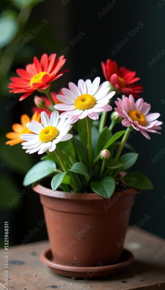 Close-up of blooming daisies in a rustic flowerpot , naturephotography, plant