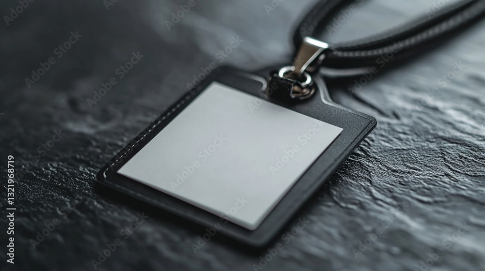 Blank black leather ID holder with lanyard on dark surface Blank black leather ID holder with lanyard on dark surface