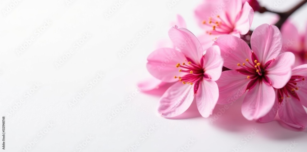 Close-up vibrant pink cherry blossoms, delicate petals, white background, stock photo, pastel Close-up vibrant pink cherry blossoms, delicate petals, white background, stock photo, pastel
