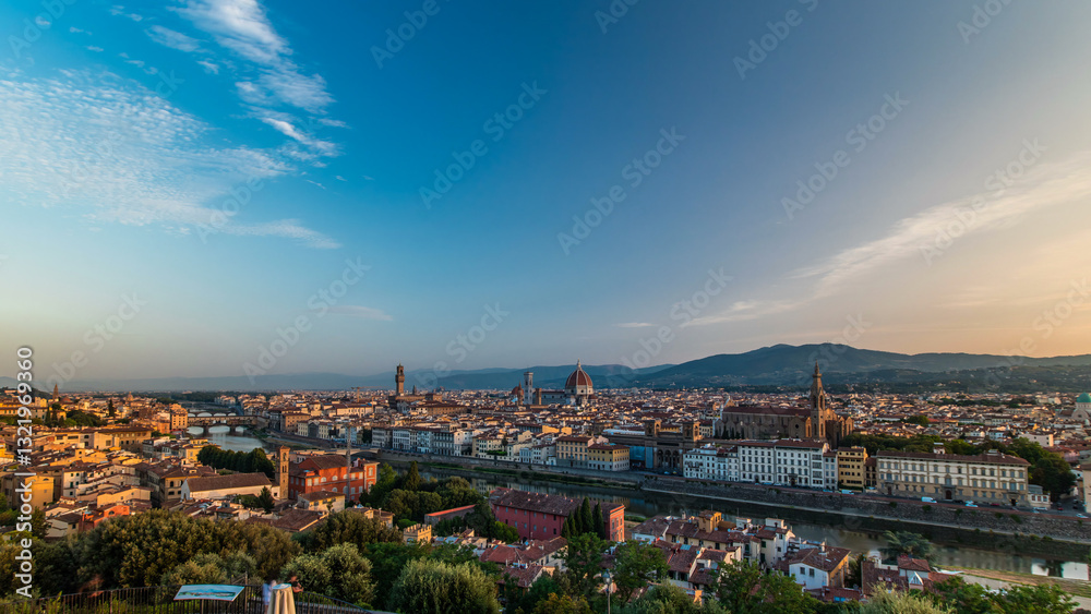 Fototapeta premium Top view of Florence city timelapse at sunrise with arno river bridges and historical buildings
