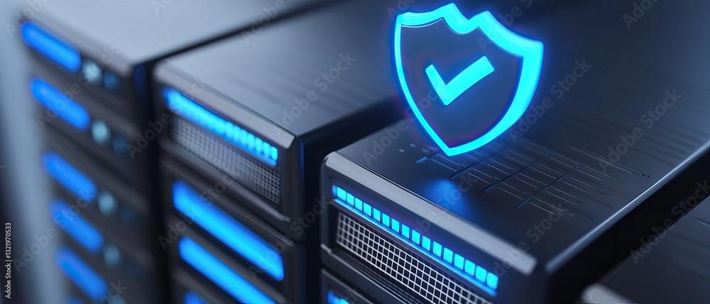 Fototapeta premium Server technology with a shield icon indicating security and protection.