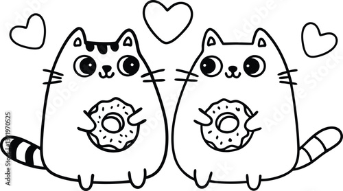 Cute Cartoon Cats Holding Donuts with Hearts in Love Doodle Style Art
