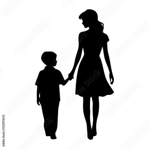 A woman and her son are walking together. A shadow. Vector graphics. EPS.