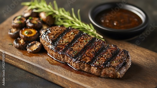 A stunning porterhouse steak, grilled with precision, its bold grill marks accentuating its juicy texture. The wooden board is adorned with a side of roasted mushrooms,