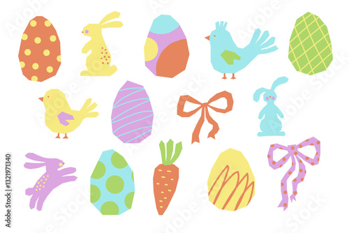 Collection of cute Easter elements. Set of cut out various Easter eggs, rabbits, chickens, carrots, bows for design. Vector illustrations isolated on white background.