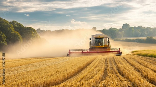 A colorful combine harvester working in a wheat field while a tractor and trailer move alongside collecting grain from the elevator A dust cloud rises in the background Space for text