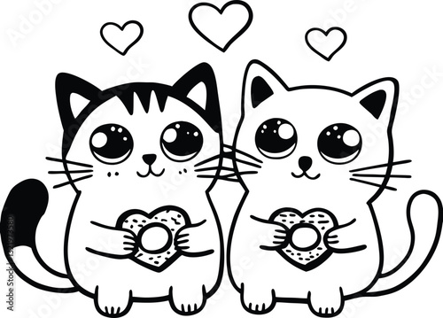 Cute Cartoon Cats Holding Donuts with Hearts in Love Doodle Style Art
