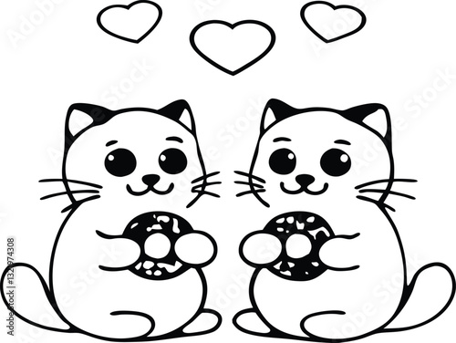 Cute Cartoon Cats Holding Donuts with Hearts in Love Doodle Style Art
