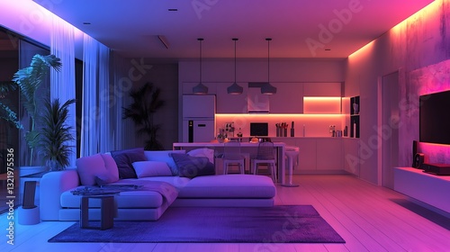 Wallpaper Mural Modern open-plan living area with vibrant, ambient lighting Torontodigital.ca
