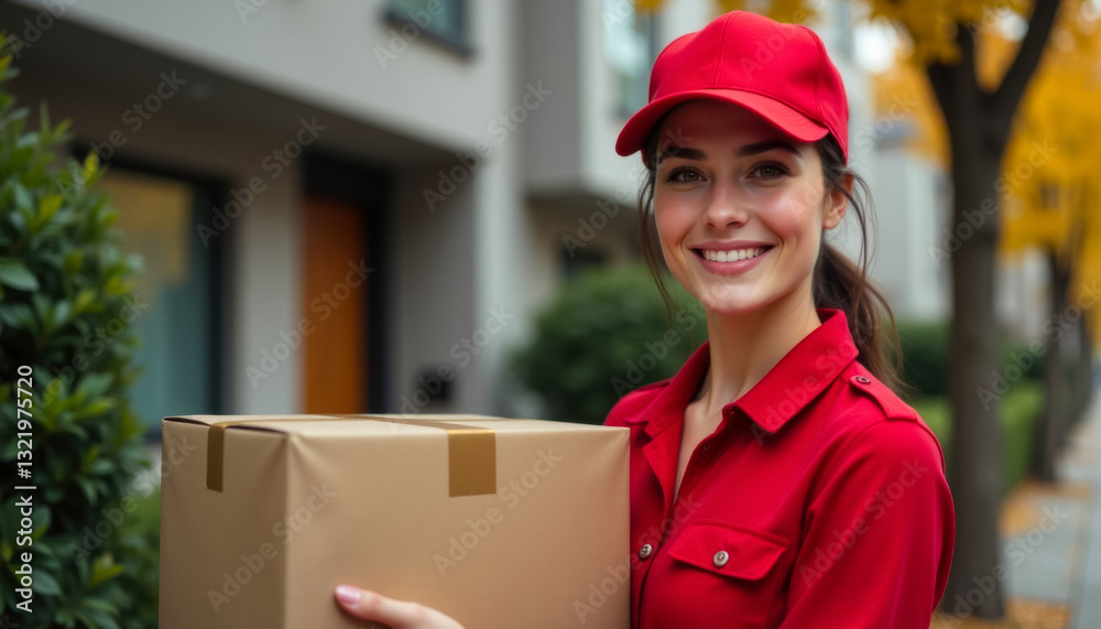 smiling delivery woman in red uniform with parcel in cardboard box on street, goods delivery concept smiling delivery woman in red uniform with parcel in cardboard box on street, goods delivery concept