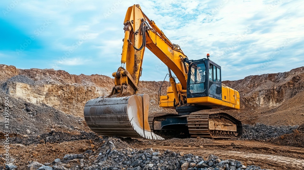 Obraz premium A massive yellow construction excavator working in a quarry for excavation