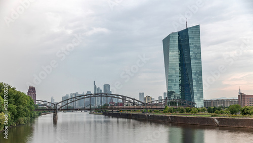 Hyperlapse of Frankfurt skyline featuring the modern ECB headquarters skyscraper. Frankfurt am Main, Germany