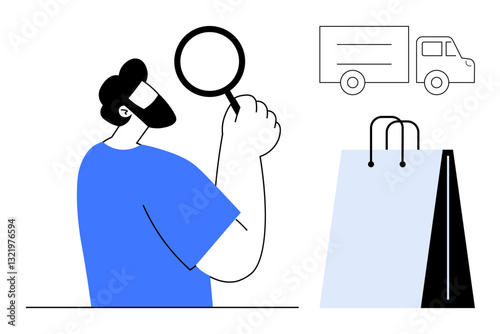 Bearded man holding magnifying glass examines delivery process represented by shopping bag and truck. Ideal for e-commerce, delivery tracking, consumer experience, logistics, problem-solving