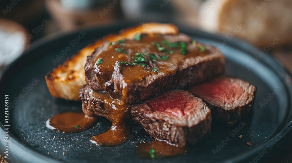 Perfectly cooked medium-rare steak slices resting on toasted artisan bread, topped with savory brown sauce. Perfectly cooked medium-rare steak slices resting on toasted artisan bread, topped with savory brown sauce.
