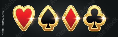 Card suit symbol. 3D card suit in a gold frame. Vector illustration isolated on a dark background.