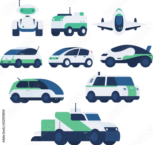 Nine futuristic cars in style of isometric vector, robotic vehicles
