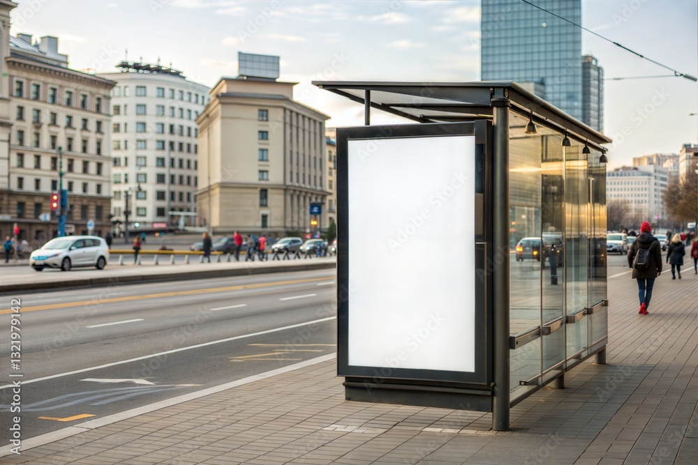 Naklejka premium Blank Vertical Billboard at a City Bus Stop 