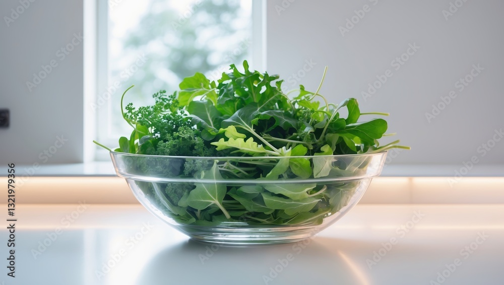 Fototapeta premium Fresh leafy greens prepared for a healthy meal in a modern kitchen during daylight