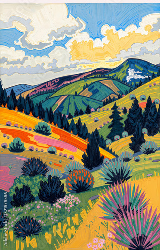 illustrazione di colorato paesaggio collinare in stile astratto e surreale photo