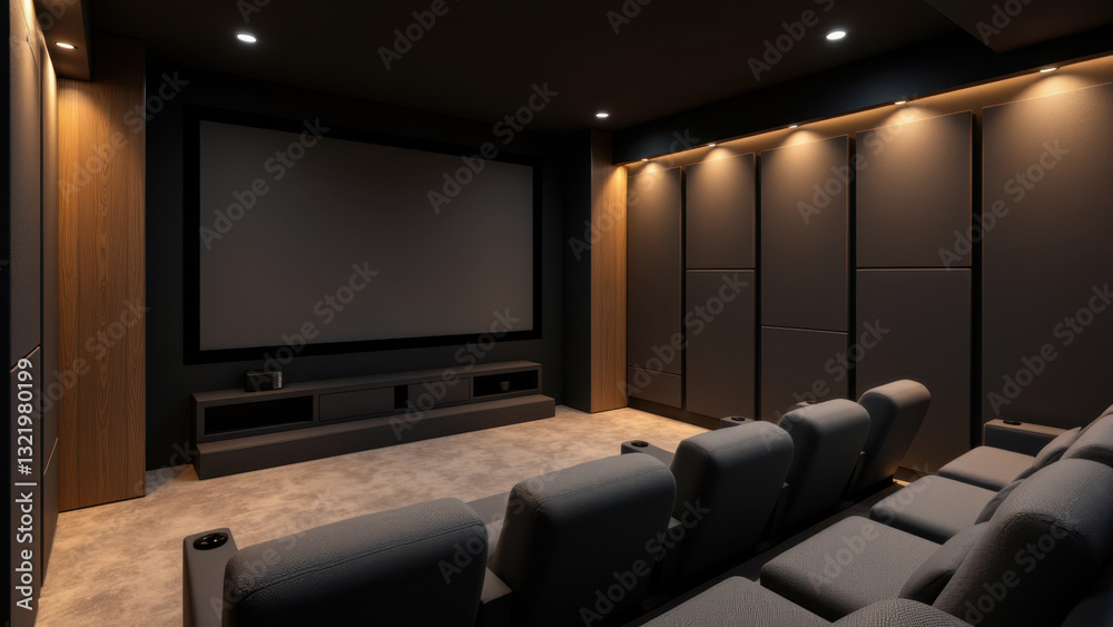 Fototapeta premium A modern home theater with dark walls and plush seating, featuring acoustic foam panels for soundproofing.