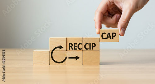 ** Reciprocal Cap: Building Business Success with Mutuality, Investment, Partnership & Growth. Concepts Illustrated with Wooden Blocks.