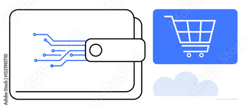 Wallet with electronic circuit lines, blue shopping cart symbol, and cloud backdrop. Ideal for online shopping, fintech, payments, e-commerce, digital economy, technology innovation financial apps