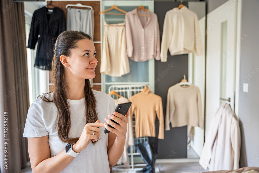 Young woman in a bedroom looking at her smartphone with clothing hanging on a wardrobe behind her. Mobile apps online resale and second-hand fashion, promoting sustainability and smart shopping Young woman in a bedroom looking at her smartphone with clothing hanging on a wardrobe behind her. Mobile apps online resale and second-hand fashion, promoting sustainability and smart shopping