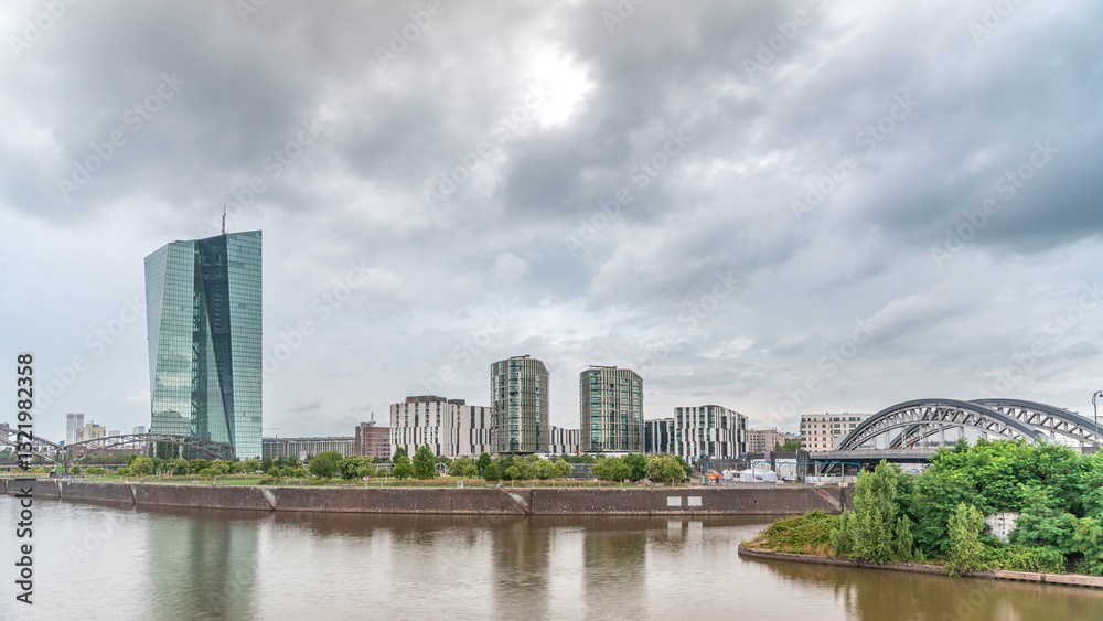 Frankfurt skyline featuring the modern ECB headquarters skyscraper timelapse. Frankfurt am Main, Germany Frankfurt skyline featuring the modern ECB headquarters skyscraper timelapse. Frankfurt am Main, Germany