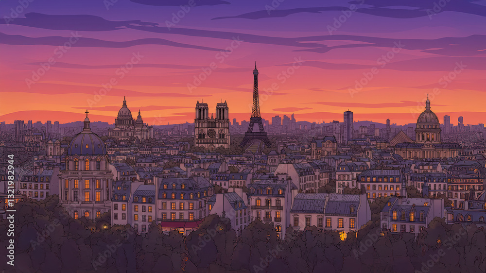 Obraz premium A sunlit illustration of a French suburban neighborhood in graphic novel style, filled with vibrant colors and daily life scenes.