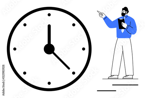 Man in formal attire with a clipboard gestures toward oversized clock, highlighting time awareness. Ideal for time, productivity, planning, focus, deadlines, efficiency organization. Clean flat