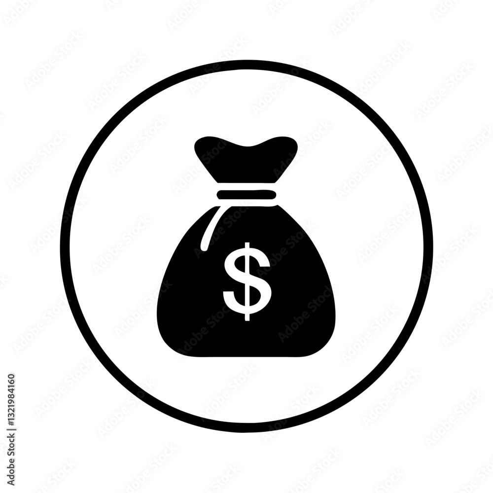 Black and white money bag icon with circular border Black and white money bag icon with circular border