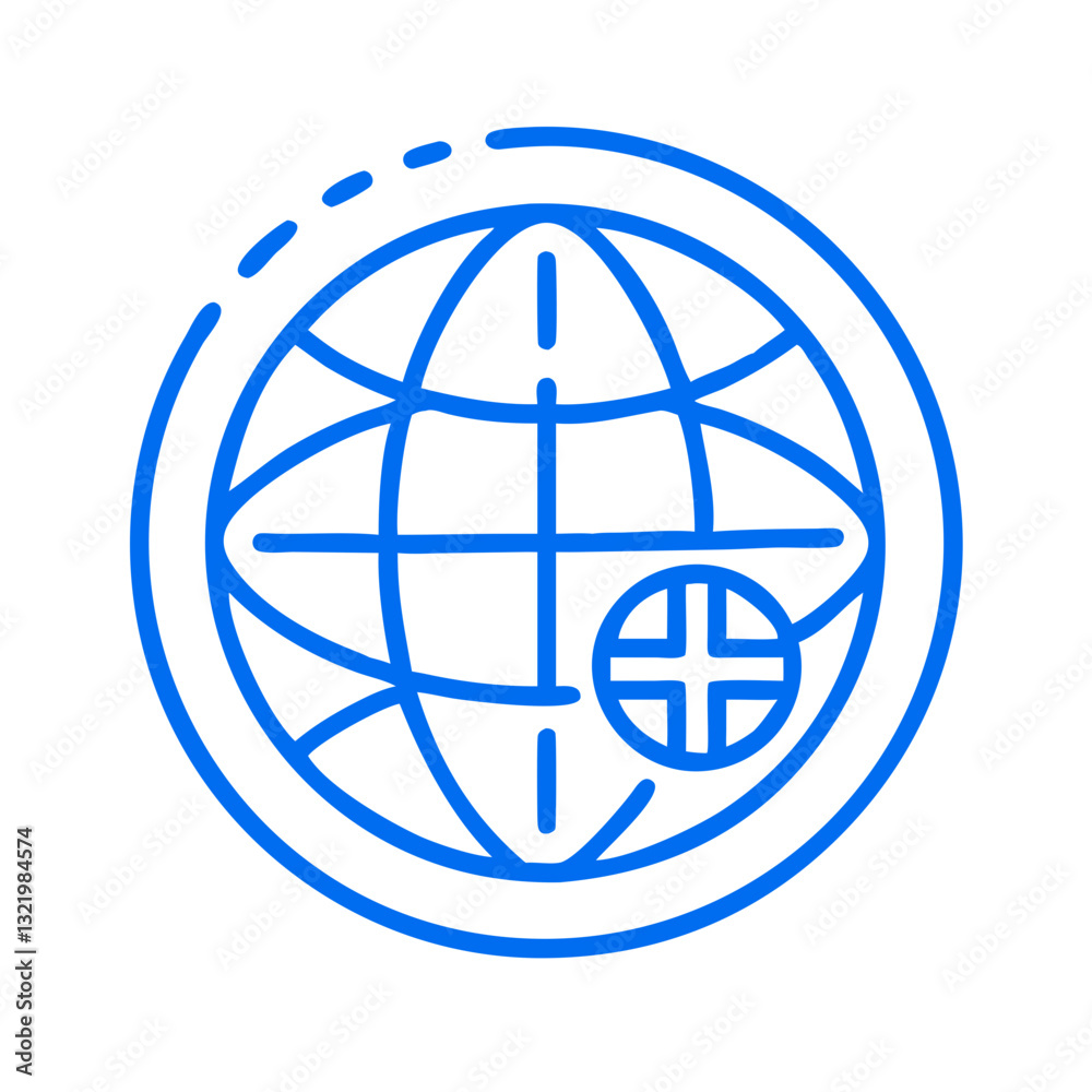 Blue global plus icon with circular grid Blue global plus icon with circular grid