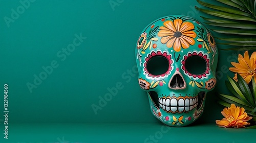 Teal Sugar Skull with Flowers Day of the Dead