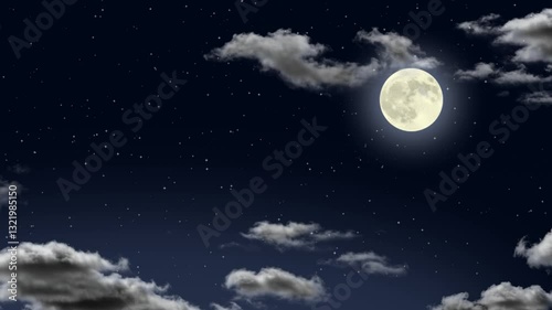 Serene Full Moon Night Sky with Drifting Clouds:Looping Background
