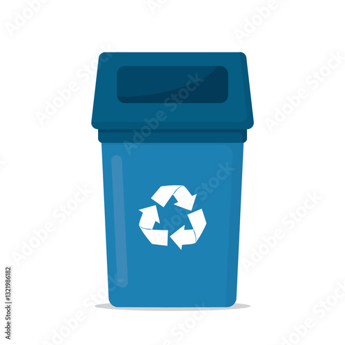 Blue garbage can isolated on white background. Plastic trash bin for recycling and sort waste. Separation and recycle trash. Refuse collection, segregation and reclamation.