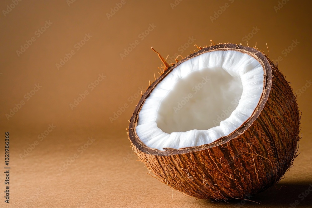 Close-up of a coconut shell on a rustic brown background Close-up of a coconut shell on a rustic brown background