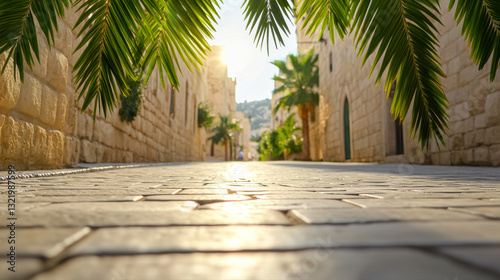 Wallpaper Mural Close up of cobblestone street in alley of old city in Middle East, palm leaves hanging over the road, bright sunrise of new morning, banner palm leaves as background idea for Palm Sunday and Easter Torontodigital.ca
