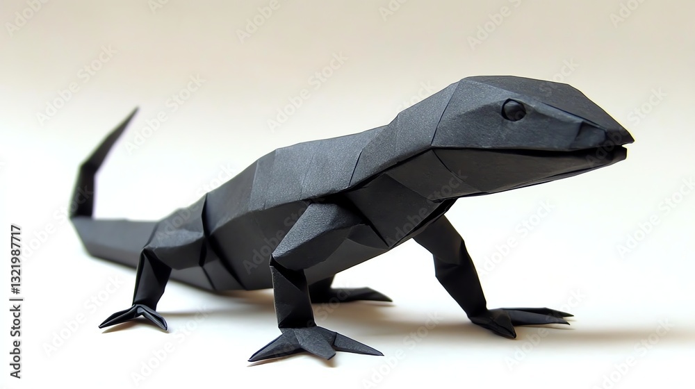 Fototapeta premium A black origami salamander, intricately folded, showcasing sharp angles and a smooth, artistic design.