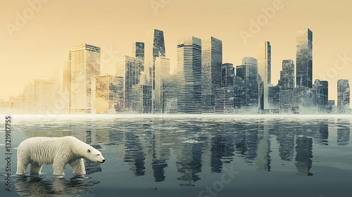 Polar Bear in Coastal Waters with City Skyline Reflection