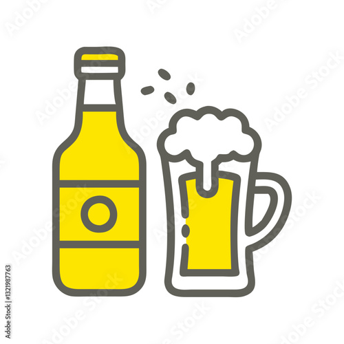 Beer bottle and mug with foam and bubbles