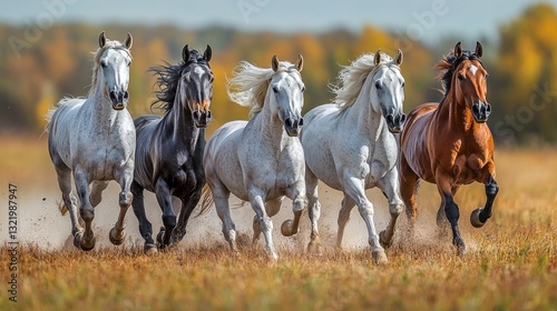 Majestic Herd: Five Horses Galloping Across Autumnal Field