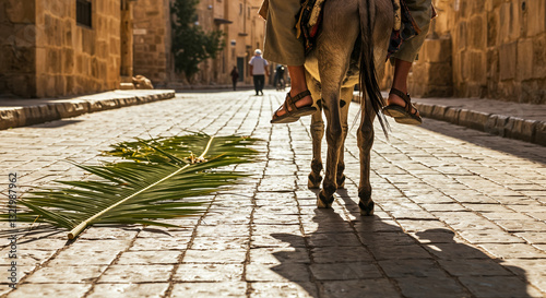 Wallpaper Mural low angle shot, man sitting on donkey rides old city street, sandals almost touching ground, palm branch lying on road, warm sunlight of early Sunday , copy space for Palm Sunday and Easter backdrop Torontodigital.ca