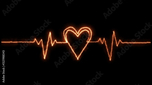 Vibrant neon heart with a pulsating heartbeat line on a background, conveying love and technology. Neon heartbeat line with shape of heart. Beautiful healthy electrocardiogram or ECG. One pulse line.