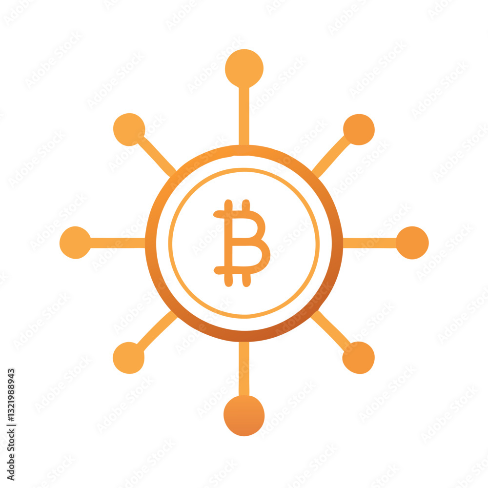 Bitcoin icon with orange network connections Bitcoin icon with orange network connections