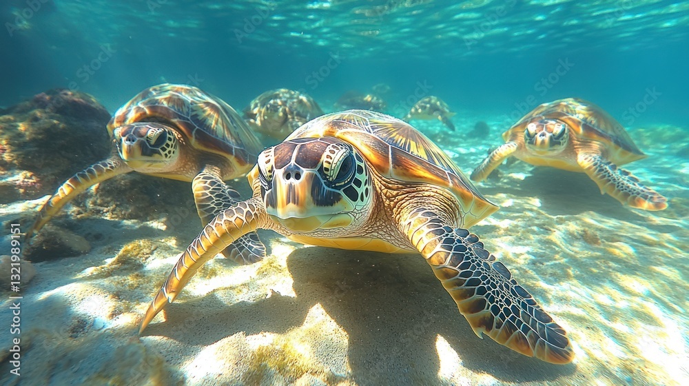 Fototapeta premium Sea Turtles Underwater Paradise: Majestic Creatures Grace the Ocean Floor