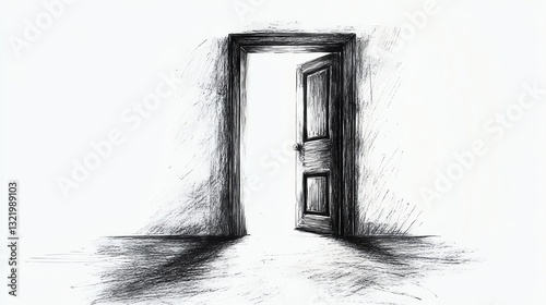 An open door reveals a bright light, symbolizing opportunity and new beginnings in a minimalist, sketch-like style.