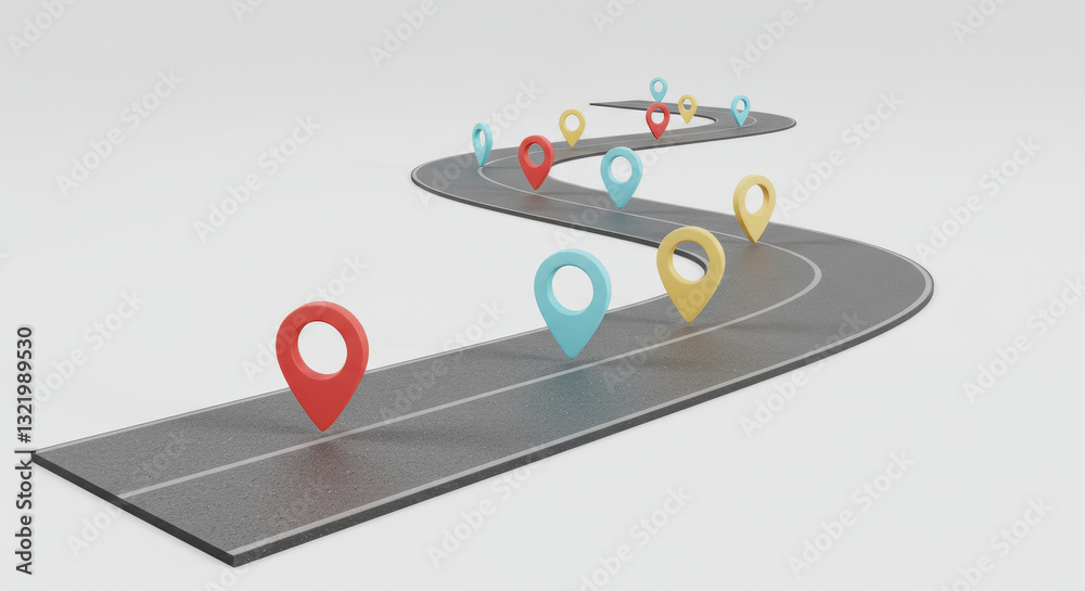 Fototapeta premium Road Trip Route: Navigating the Journey with Map Pins - Travel Destination Planner & Location Points on a Gray Road Background