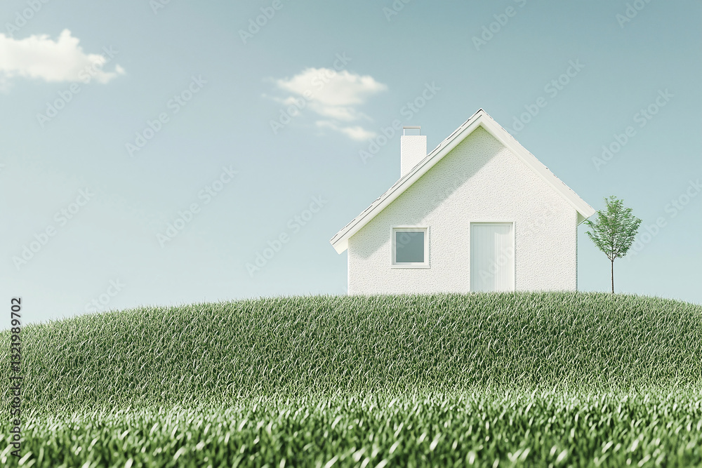 custom made wallpaper toronto digitalDream Home on a Hill: A pristine, minimalist house sits atop a grassy hill under a serene sky, embodying tranquility, simplicity, and the dream of home ownership. 